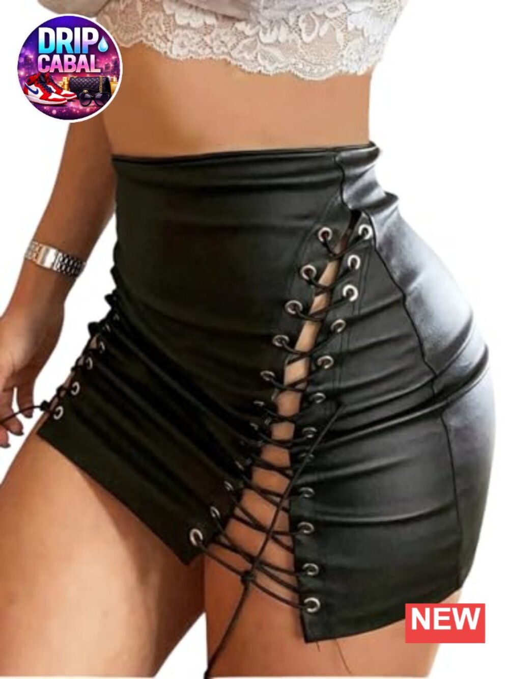 PU Leather Lace Up Side Bodycon Mini Skirt High Waist Night Out Club